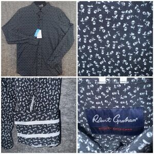 Robert Graham Mens XXL Crossbones Skull Rose Print Tailored Fit Shirt Black NEW